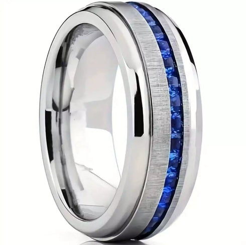 Men's 8mm Brushed Titanium Steel Blue Sapphire CZ Comfort-Fit Wedding Band